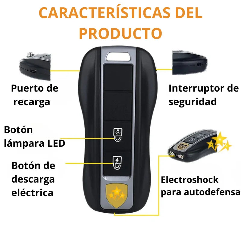 Llave Antiagresión Eléctrica (Linterna, Electroshock, Alarma)